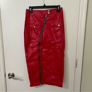 Red Sexy Faux Leather Midi Skirt with Asymmetrical Zip Size M